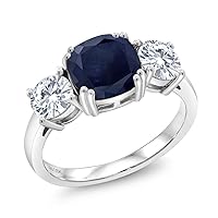 Gem Stone King 925 Sterling Silver Blue Sapphire and White Moissanite 3 Stone Engagement Ring For Women (3.82 Cttw, Gemstone September Birthstone, Cushion 8MM, Available in Size 5,6,7,8,9)