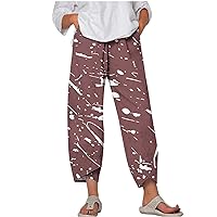 Women Graffiti Dye Cotton Linen Pants Summer Elastic Waist Cropped Harem Pants Lounge Loose Comfy Petal Hem Trousers