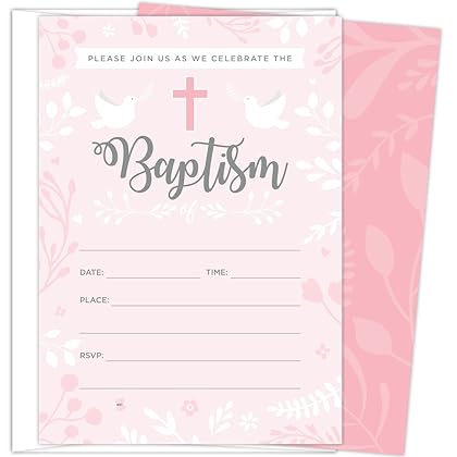 Baptism Invitations for Baby Girls, 25 Fill In The Blank Style Cards and Envelopes.