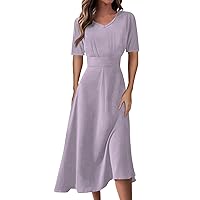 Dresses for Women Summer Flowy Short Sleeve Dress Trendy Floral Printed Swing Long Dress V Neck Waist Maxi Dress