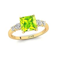 Women's Ring, Green Peridot 14kt Gemstone Birthsone Ring, 7MM PRINCESS Shape with 4 Diamond/Jewellery for Women