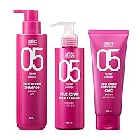 AMOS PROFESSIONAL True Repair Shampoo 17.6 oz + Treatment 6.7 oz + Night Cream 6 oz | Damaged Hair Care Routine | No more Tangled Hair and Split Ends | Amorepacific Hair Salon Brand