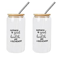 2 Pack Glasses with Bamboo Lids And Straw Happiness Is Good Health And A Bad Glass Cup Drinking Glasses Gift for Mom Cups Great For for Boba Tea Whiskey Water