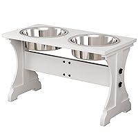 Piskyet Elevated Dog Bowls, Farmhouse Wooden Dog Bowl Stand with 2 Stainless Steel Dog Bowls, Modern Raise Dog Bowl Stands for Large-XLarge Dogs, 8 Cups 13.8''H_80 oz Bowl-White