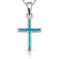 JewelryWeb Sterling Silver 18-inch 925 Created Inlaid Blue Opal Cross Pendant Necklace (15mm X 30mm)