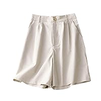 Wide Leg Short Pants Women Summer Pleated Casual Shorts High Waisted Straight Leg Shorts Pure Color Button Short with Pockets