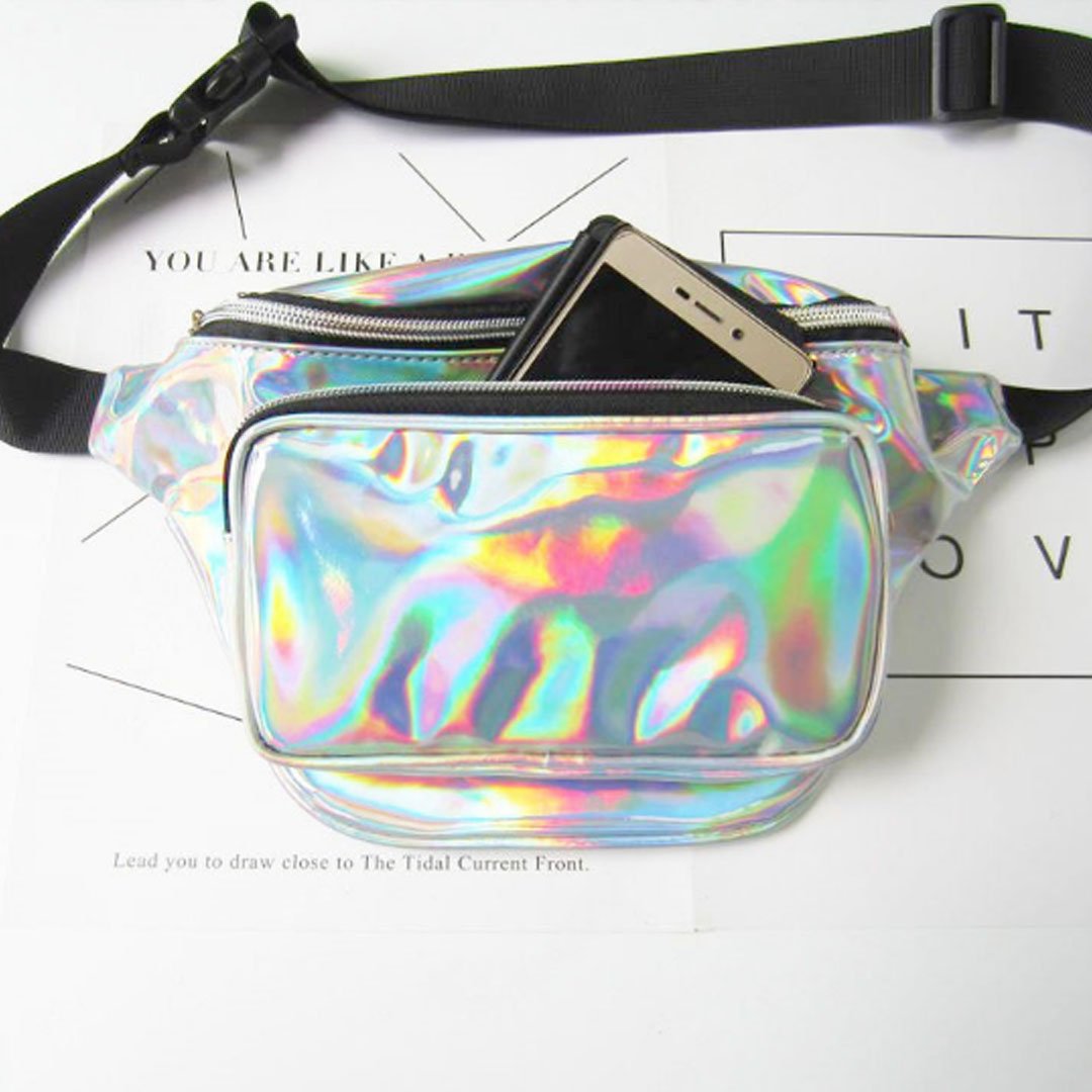 Dolores Women Fashion Hologram Laser Waist Bag Fanny Pack Zipper Waterproof Chest Pack Bum Bag Beach Purse, Silver