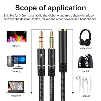 KOOPAO Headphone 3.5mm Splitter Mic Cable for Computer, Headset 3.5mm Female to 2 Dual Male Microphone Audio Stereo Jack Earphones Port to Gaming Speaker PC Adapter