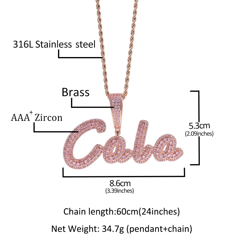 Custom Brush Cursive Letter Pendant Name Necklace Baguettes Chain Micro Paved CZ Personalized Hiphop Jewelry Personalized Initial Letter Pendant (9 letter,Silver 18inch Baguette Chai)