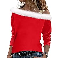 Christmas Shirts for Women Asymmetrical Off Shoulder T-Shirts Sexy Long Sleeve Sweatshirts Pullover Cute Clothes