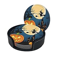 Pumpkin Halloween Print Coaster,Round Leather Coasters with Storage Box for Wine Mugs,Cold Drinks and Cups Tabletop Protection (6 Piece)