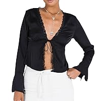 Women Lace Trim V Neck Long Sleeve Crop Top Satin Going Out Tops Tie Front Bell Sleeve Blouse Shirts