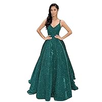 Glitter Party Dress A Line V-Neck Floor-Length Sleeveless Long Evening Dress