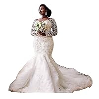 Illusion Beading Lace Mermaid Wedding Dresses for Bride Long Sleeve Train Bridal Ball Gowns Plus Size