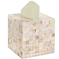 CLAYNIX Tissue Box Cover - Mosaic Mother of Pearl Inlay Tissue Box Holder - Tissue Box Cover Square 5.9 x 5.9 x 5.9 in - Decorative Bathroom, Bedroom or Office (White)