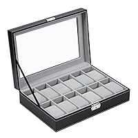 Watch Box 12 Slot Watch Display Case Organizer with Glass Top, Black Watch Storage Box for Men and Women with PU Leather, Grey Linging