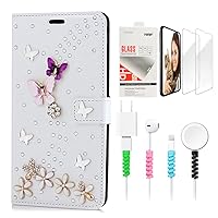 STENES Bling Wallet Luxury Phone Case Compatible with Samsung Galaxy S24 Plus 5G - Stylish - 3D Handmade S-Link Butterfly Floral Design Leather Cover with Screen Protector & Cable Protector - White