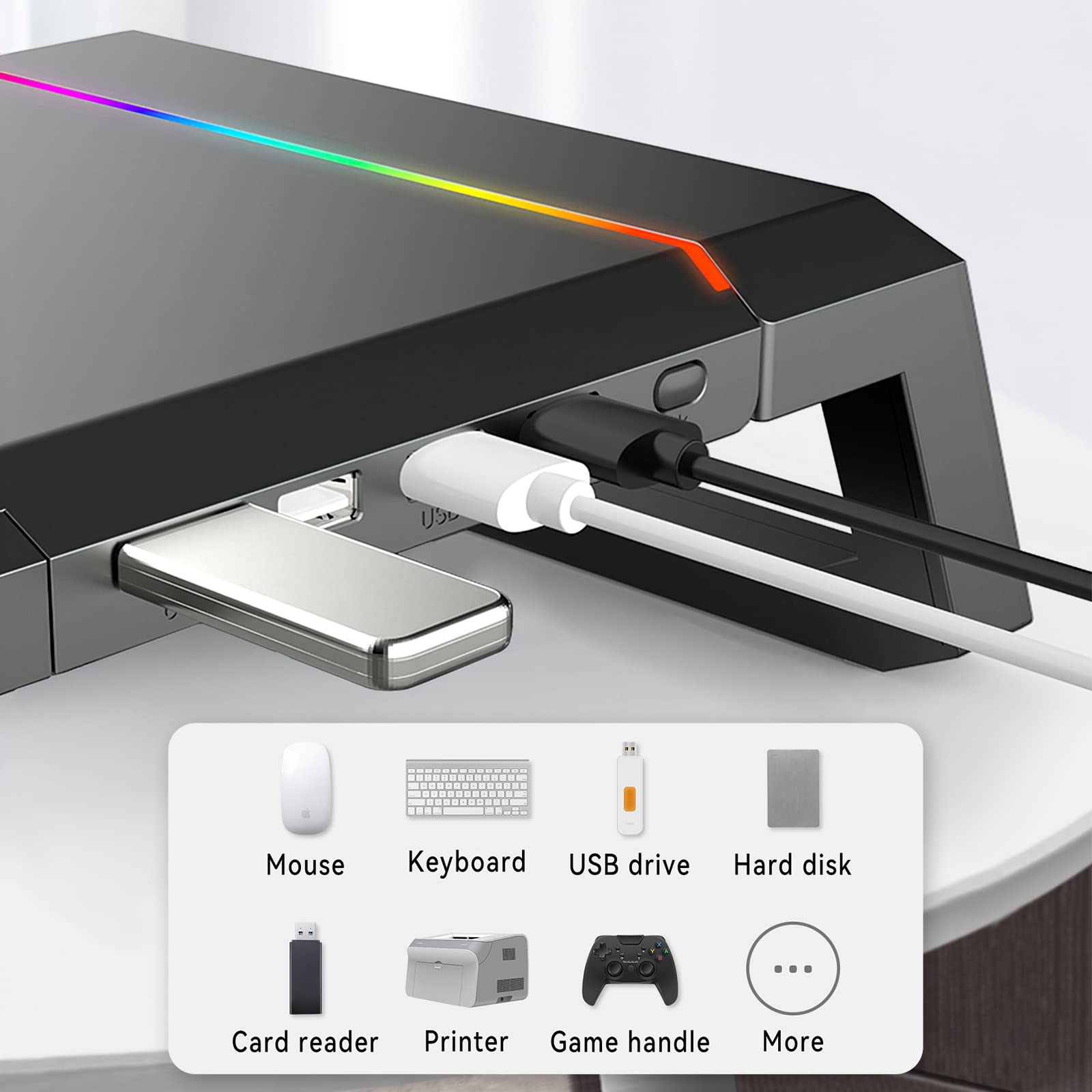KYOLLY RGB Gaming Computer Monitor Stand Riser with Drawer,Storage and Phone Holder - 1 USB 3.0 and 3 USB 2.0 Hub, 3 Length Adjustable