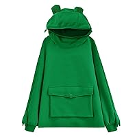 Women Cute Frog Hoodie Cute Animal Shape Zip up Solid Hooded Top Sweatshirt Stitching Pullover with Pocket Tops