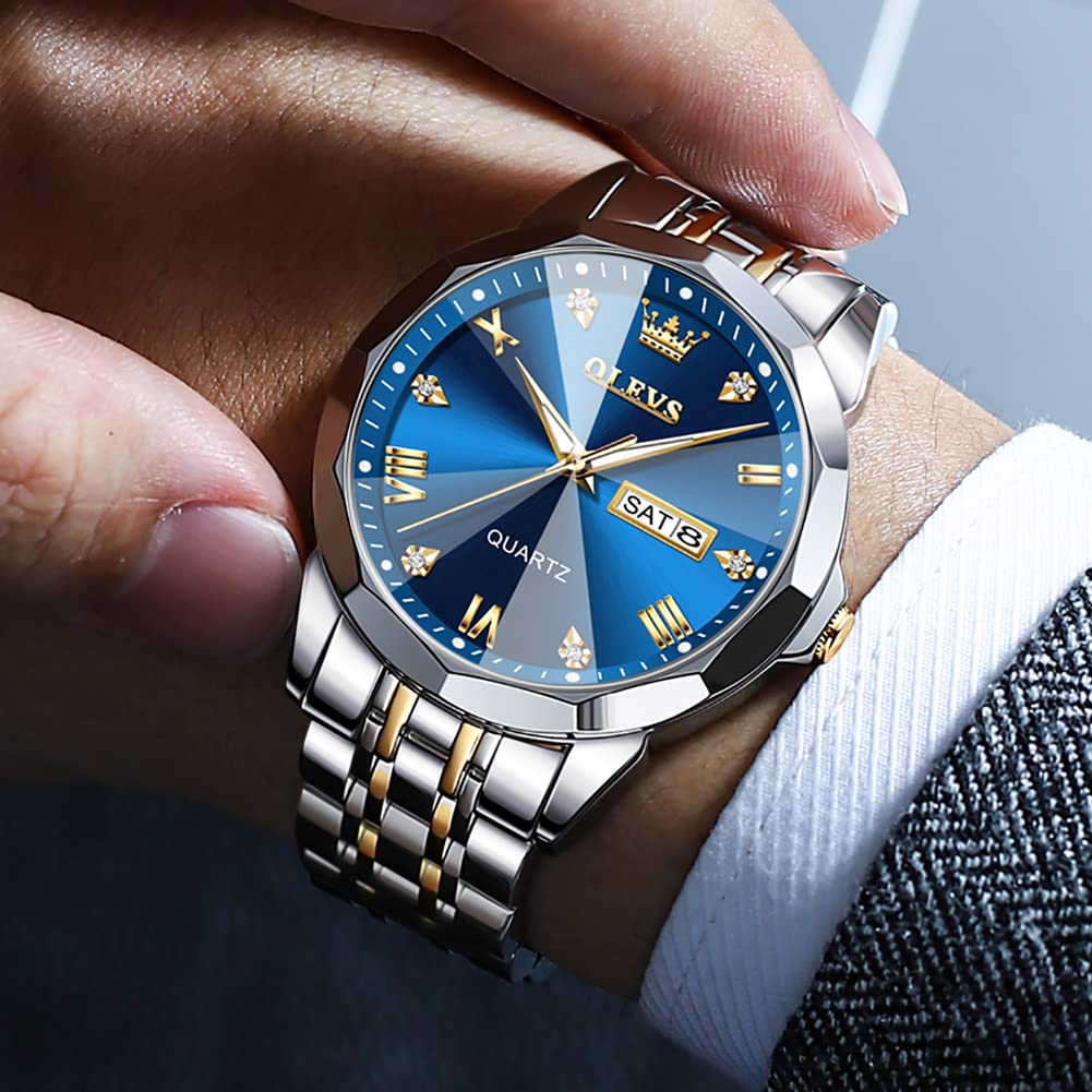 OLEVS Watch for Men Diamond Business Dress Analog Quartz Stainless Steel Waterproof Luminous Date Two Tone Luxury Casual Wrist Watch