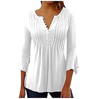 3/4 Petal Sleeve Tee Ladies Casual V-Neck Tshirt Fashion Tops Button Summer Trendy Shirt Print Blouse