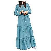 Plus Size Dresses for Women Ladies Denim Button Up Extra Long Solid Color Dress