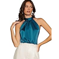 Women's Tops Women's Shirts Sexy Tops for Women Tie Back Satin Halter Top (Color : Teal Blue, Size : X-Small)