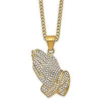 38mm Chisel Stainless Steel Polished Yellow Ip Plated With Crystal Praying Hands Pendant a Curb Chain Necklace 24 Inch Jewelry for Women