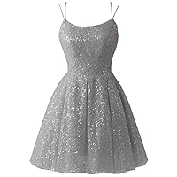 ZSHAOLHYJYZS Tulle Sequin Homecoming Dresses 2023 Spaghetti Straps Short Sparkly Cocktail Dress for Women