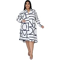 Womens Dresses Summer Casual Long Sleeve Printed Belted Dress Knee Length Skirts Plus Size Tunic Shirt Dress White
