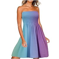 Summer Trendy Tie Dye Gradient Strapless A-Line Dress for Womens Smocked High Waist Casual Sexy Bandeau Beach Dress