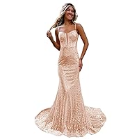 Women's Sequin Prom Dresses Sparkly Mermaid Ball Gown Long Spaghetti Straps Formal Evening Party Dress with Train
