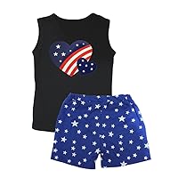 Petitebella 4th July Twin Heart Black Vest White Stars Blue Short Set 1-8y