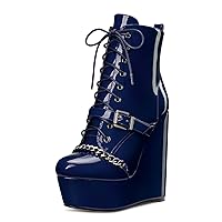 Castamere Womens High Wedge Platform Heel Round Toe Lace-up Zipper Ankle Boots Short Bootie Metal Chain Prom 5.9 Inches Heels