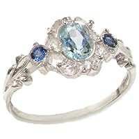 925 Sterling Silver Real Genuine Aquamarine and Sapphire Womens Band Ring