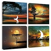 Night Landscape Scene Wall Art Gold Moon Star Black Tree Scenery Printing Picture Abstract Artwark Print Pieces Framed Home Decor(gold and black, 16x16inch)