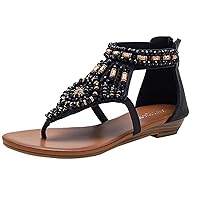 Women's Thong Pointed toe T-strap Crystal Back Zipper Rome Flat Sandals Flip Flop Cut out Glitter Comfort Shoes Summer
