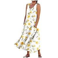 Women Cotton Linen Dress Summer Sleeveless Sundress Tunic Tank Summer Beach Dress Flowy Maxi Dresses with Pockets