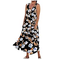 Linen Dress for Women 2024 Summer Flowy Sleeveless Maxi Dress Printed Tank Dress Casual Long Dresses with Pockets