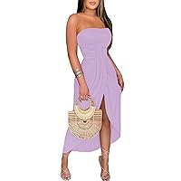 Umenlele Women's Strapless Ruched High Waist Wrap Split Asymmetrical Beach Maxi Long Dress