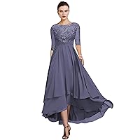 Women's Half Sleeves Mother of The Bride Dresses High Low Lace Chiffon Formal Party Gown