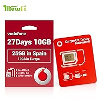 Prepaid Vodafone Europe Sim Card 27 Days, Europe 10GB, Spain 25GB, 300 Min Local Calls, Activation Required, Applicable to 34 Europe Countries