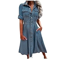 Summer Denim Dress for Women Casual Button Down V Neck Jean Shirt Dress Lapel Short Sleeve Flowy Dress with Pockets