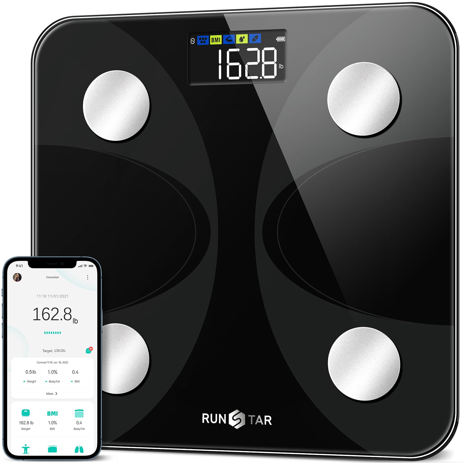 RUNSTAR Scale for Body Weight and Fat Percentage, Ultra-Precision Digital Accurate Bathroom Smart Scale with Large Display,13 Body Composition Analyzer Sync App Weight Scale BMI Health Monitor