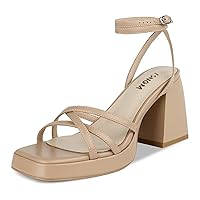 ISNOM Black Platform Heels for Women Heeled Sandals with Lace Up Strappy Ankle Strap Square Open Toe for Wedding Work Party Dress