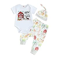 Newborn Baby Boy Farm Clothes New to The Farm Short Sleeve Romper Animal Print Pants Hat Set 3Pcs Coming Home Outfit