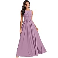 Bridesmaids Dresses A-line Scoop Floor-Length Chiffon Formal Dresses with Ruffle Long Wedding Party Evening