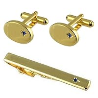 Gold-Tone Cufflinks Gift Set~Matching Gold-Tone Cuff Links and Tie Clip Blue Sapphire Crystal
