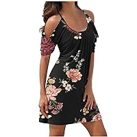 Long Dresses, Beach Dresses for Women Trendy Summer Floral Spaghetti Strap Cold Shoulder Short Sleeve Mini Casual