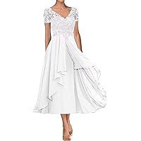 Mother of The Bride Dresses Tea Length for Wedding Lace Appliques Chiffon Short Sleeve V Neck Formal Evening Dresses